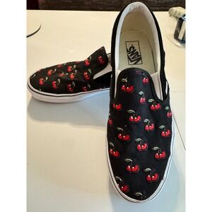 Vans Classic Slip-On Black Cherry Embroidered Shoes Womens 11 Mens 9.5